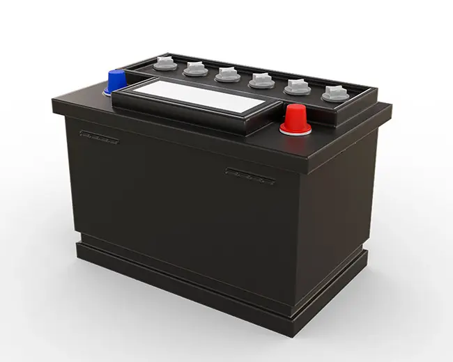 Black car battery with red caps.