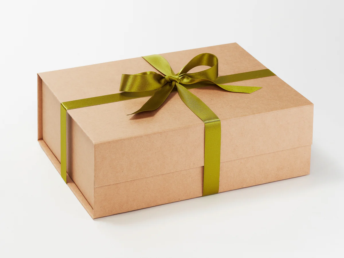 Brown gift box with green ribbon.