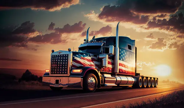 American flag semi-truck on road at sunset.