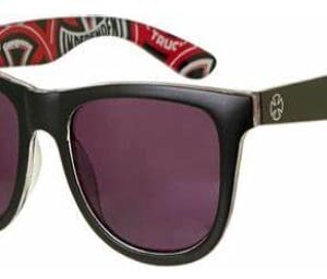 Black sunglasses with red and white print.