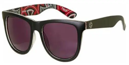 Black sunglasses with red and white print.