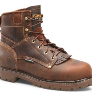 Brown leather work boot with laces.