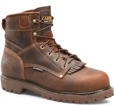 Brown leather work boot with laces.