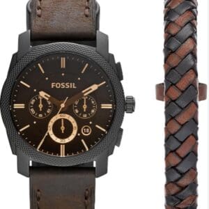 Fossil chronograph watch with brown leather band and strap.