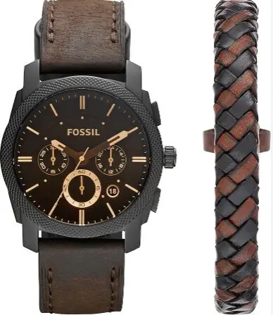 Fossil chronograph watch with brown leather band and strap.