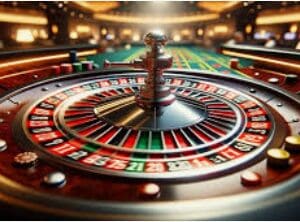 Close-up of a spinning roulette wheel.