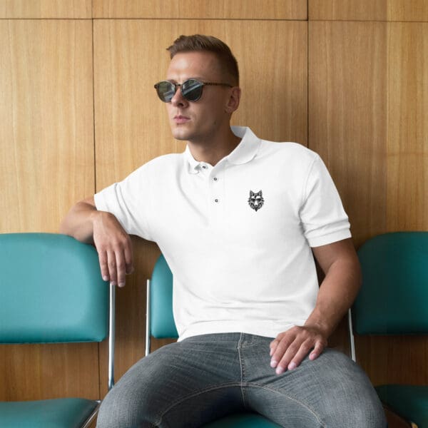 Man in white polo with wolf logo.