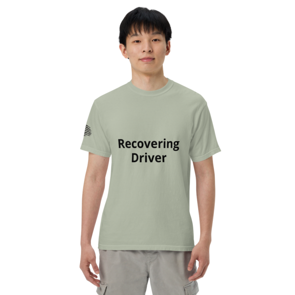 Man wearing a "recovering driver" shirt.