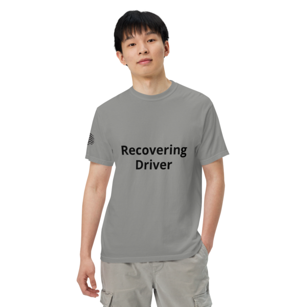 Man wearing a gray "recovering driver" t-shirt.