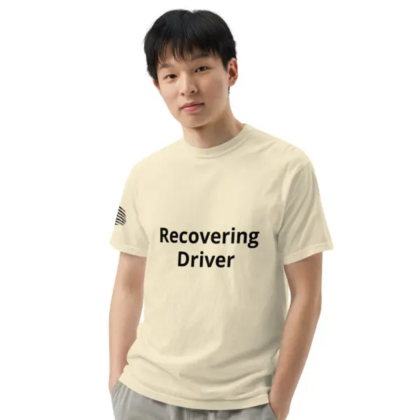 Man wearing a "Recovering Driver" t-shirt.