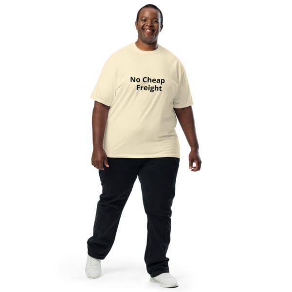 Man wearing a "No Cheap Freight" t-shirt.