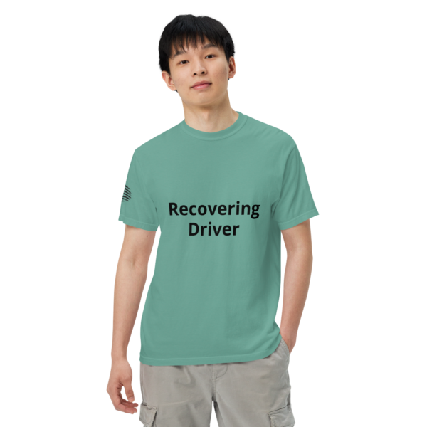 Man wearing a "Recovering Driver" t-shirt.