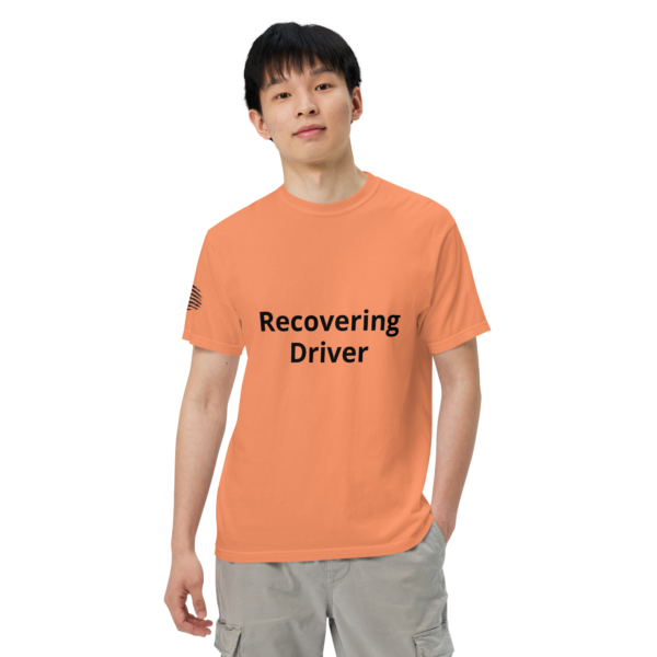 Man wearing orange shirt with "Recovering Driver" text.