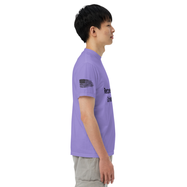 Man wearing purple t-shirt with American flag