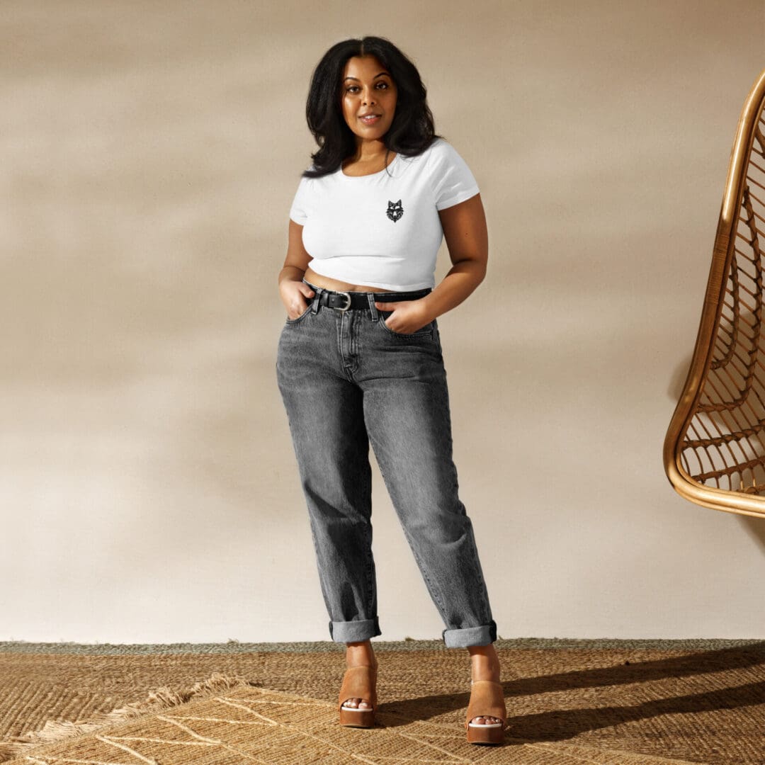 Woman in white shirt and denim jeans.