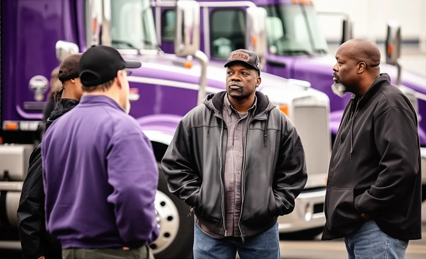 Three men stand near purple semi-trucks.