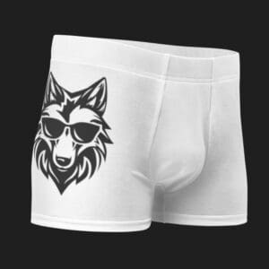 White boxer shorts with wolf design.