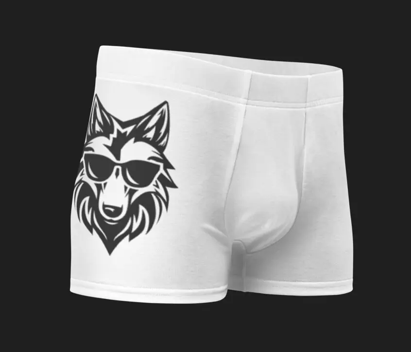 White boxer shorts with wolf design.