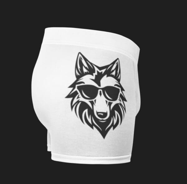 White boxer shorts with wolf wearing sunglasses.