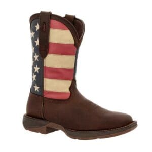 Brown cowboy boots with American flag design.