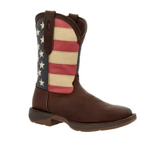 Brown cowboy boots with American flag design.