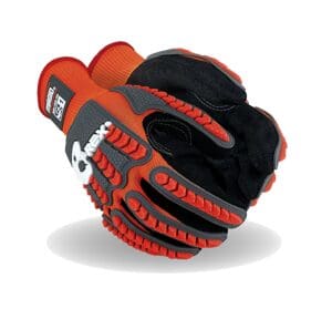 Pair of orange and black work gloves.