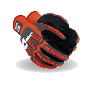 Pair of orange and black work gloves.