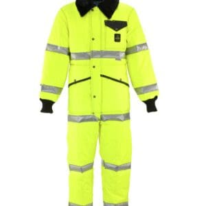 Yellow reflective safety jumpsuit with black trim.