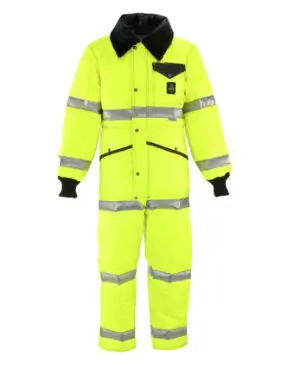 Yellow reflective safety jumpsuit with black trim.