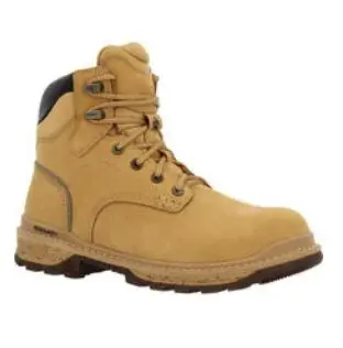 Tan work boots with black laces.