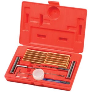 Red case with tire repair kit tools.