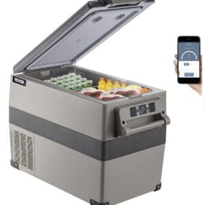 Gray portable refrigerator with digital control.