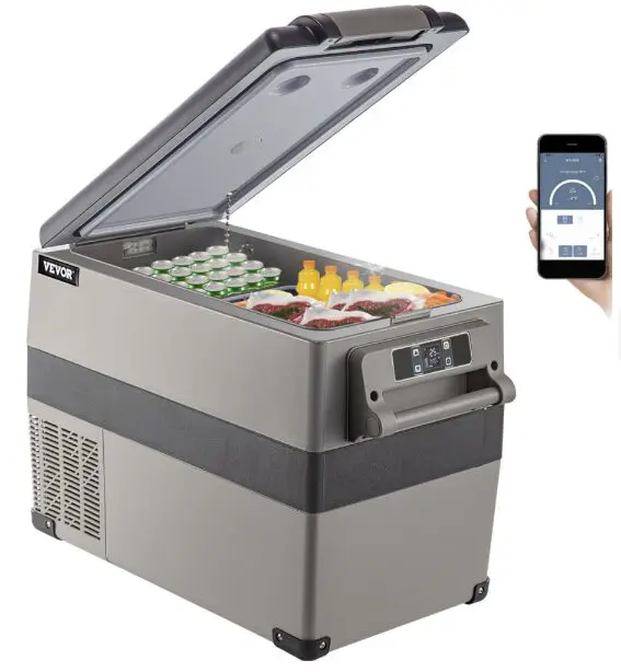 Gray portable refrigerator with digital control.