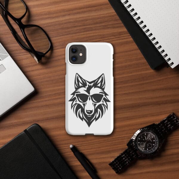 White phone case with wolf wearing sunglasses.