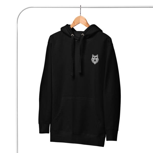 Black hoodie with a white wolf logo.