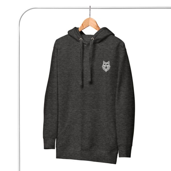 Gray wolf hoodie with a pocket.