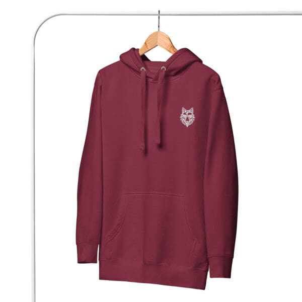 Red hoodie with a white wolf logo.