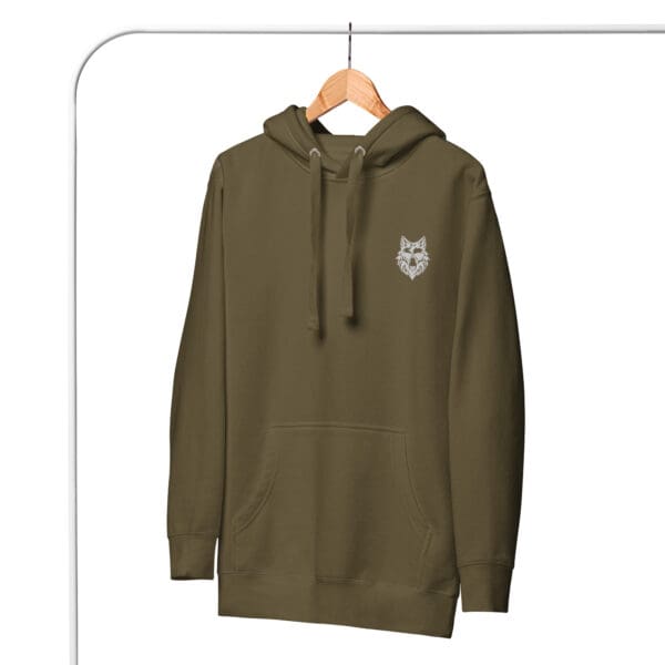 Green hoodie with a wolf logo.