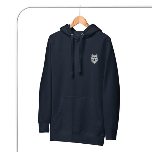 Navy blue hoodie with a wolf design.