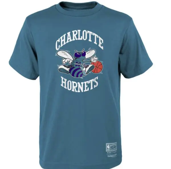 Charlotte Hornets blue t-shirt with bee mascot.